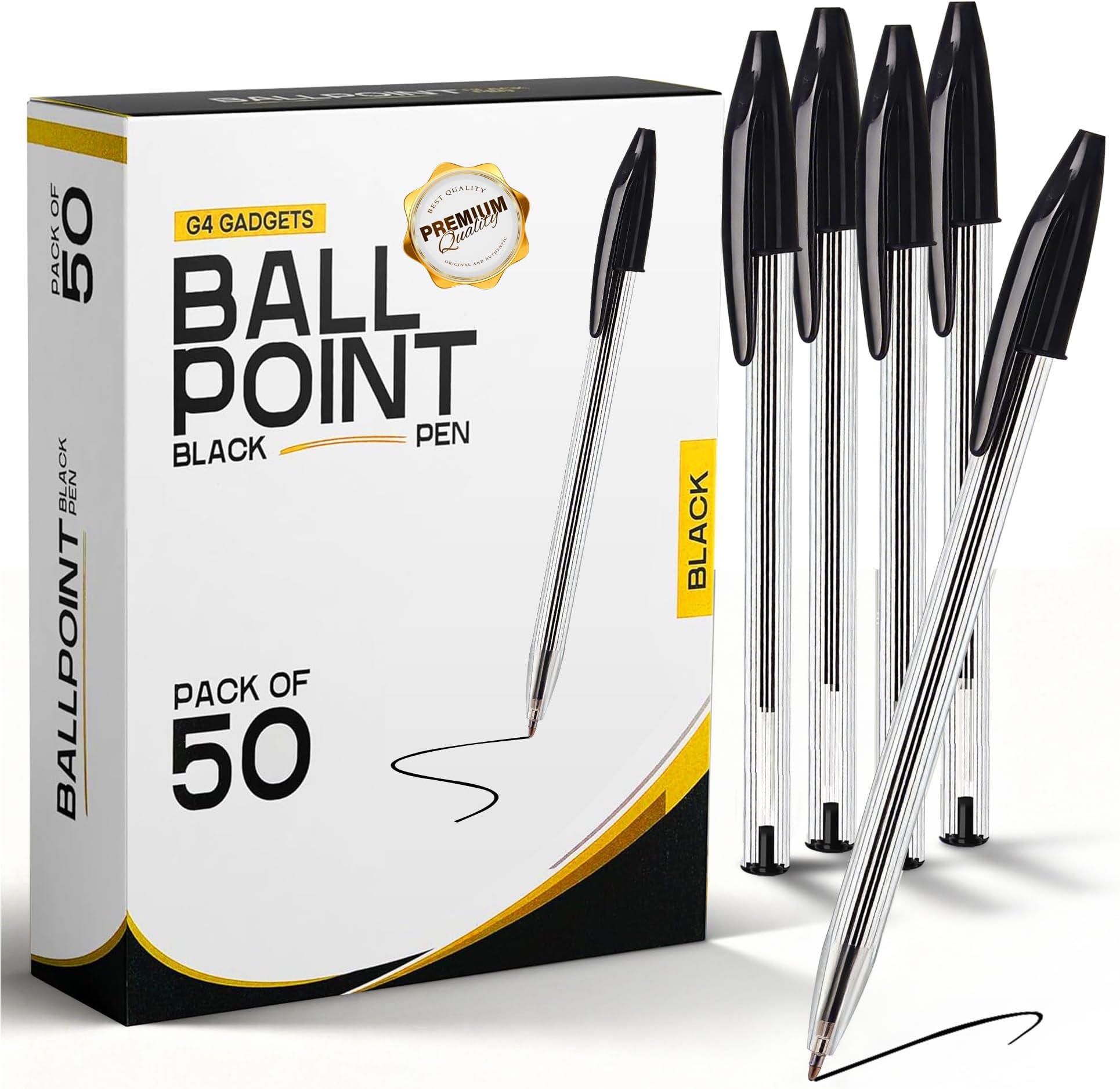 G4GADGET Pack of 50 Black Pens - Medium Tip Fluent Smooth Writing Black Biro Ballpoint Pens