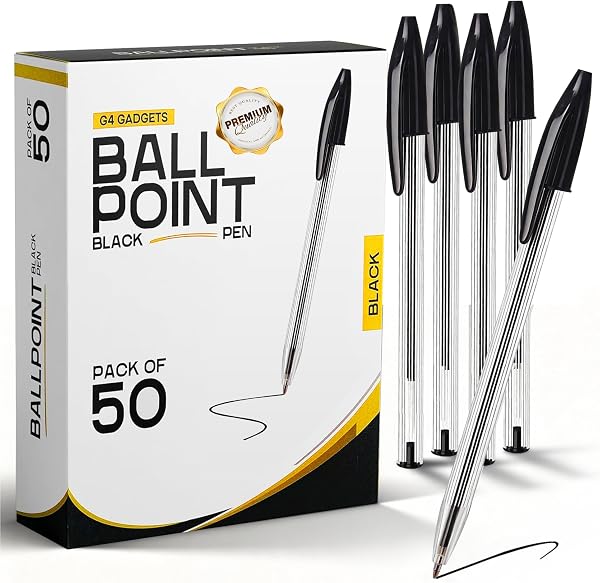 G4GADGET Pack of 50 Black Pens - Medium Tip Fluent Smooth Writing Black Biro Ballpoint Pens - 1