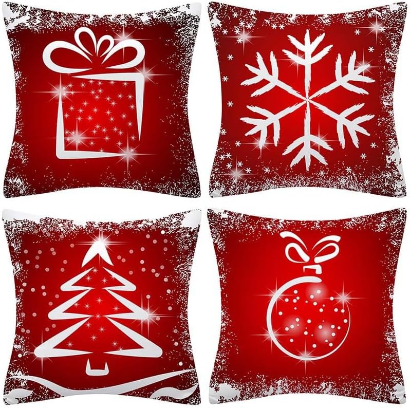 Juego de 4 fundas de almohada decorativas de Navidad de 18 x 18 pulgadas, funda de cojín de la serie navideña, funda de almohada cuadrada con