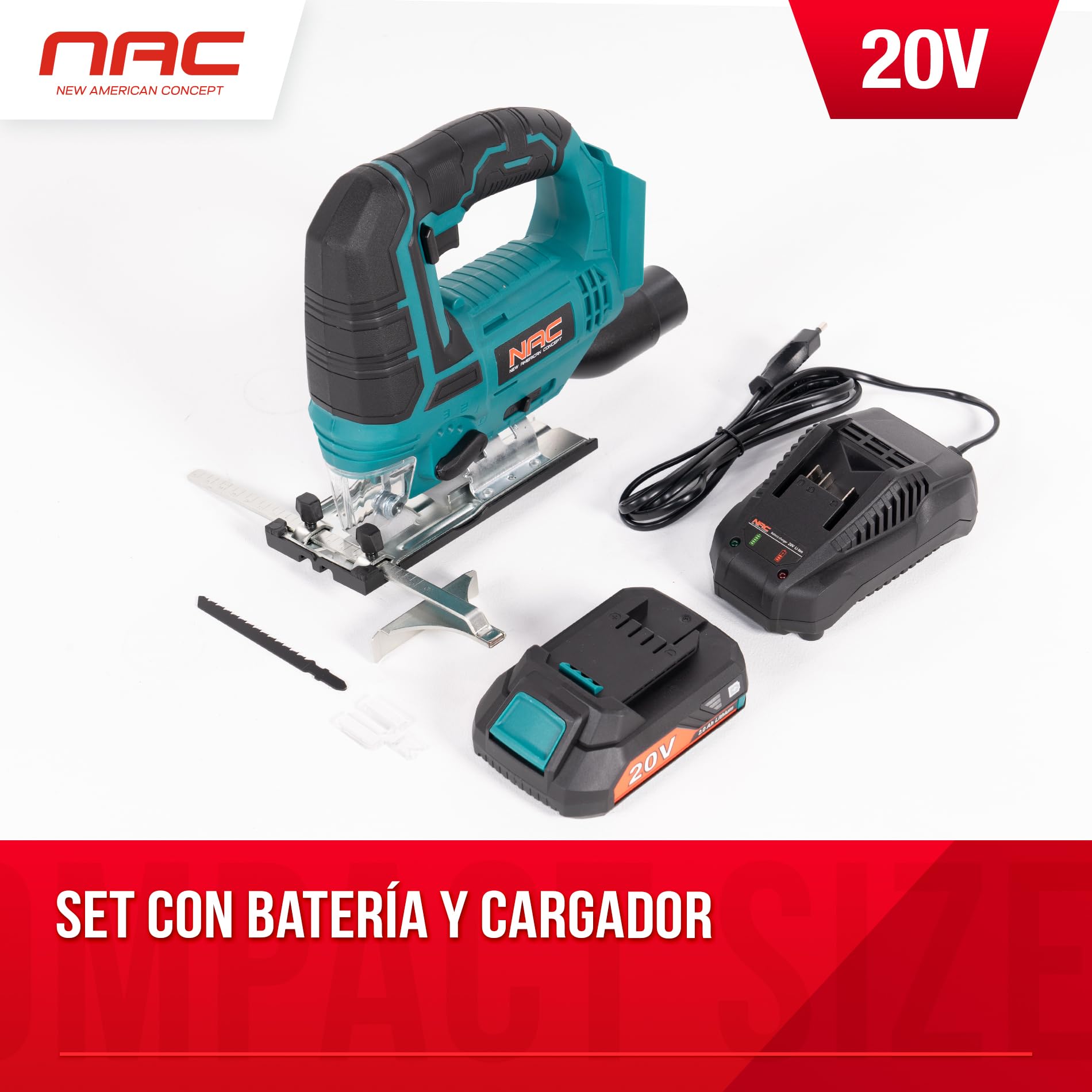NAC Caladora Batería 20 V, Kit 2 Ah, Corte 80 mm | Sierra de calar, caladoras para madera, 0-2700 rpm, ángulo 0-45°, sistema T, guía lateral