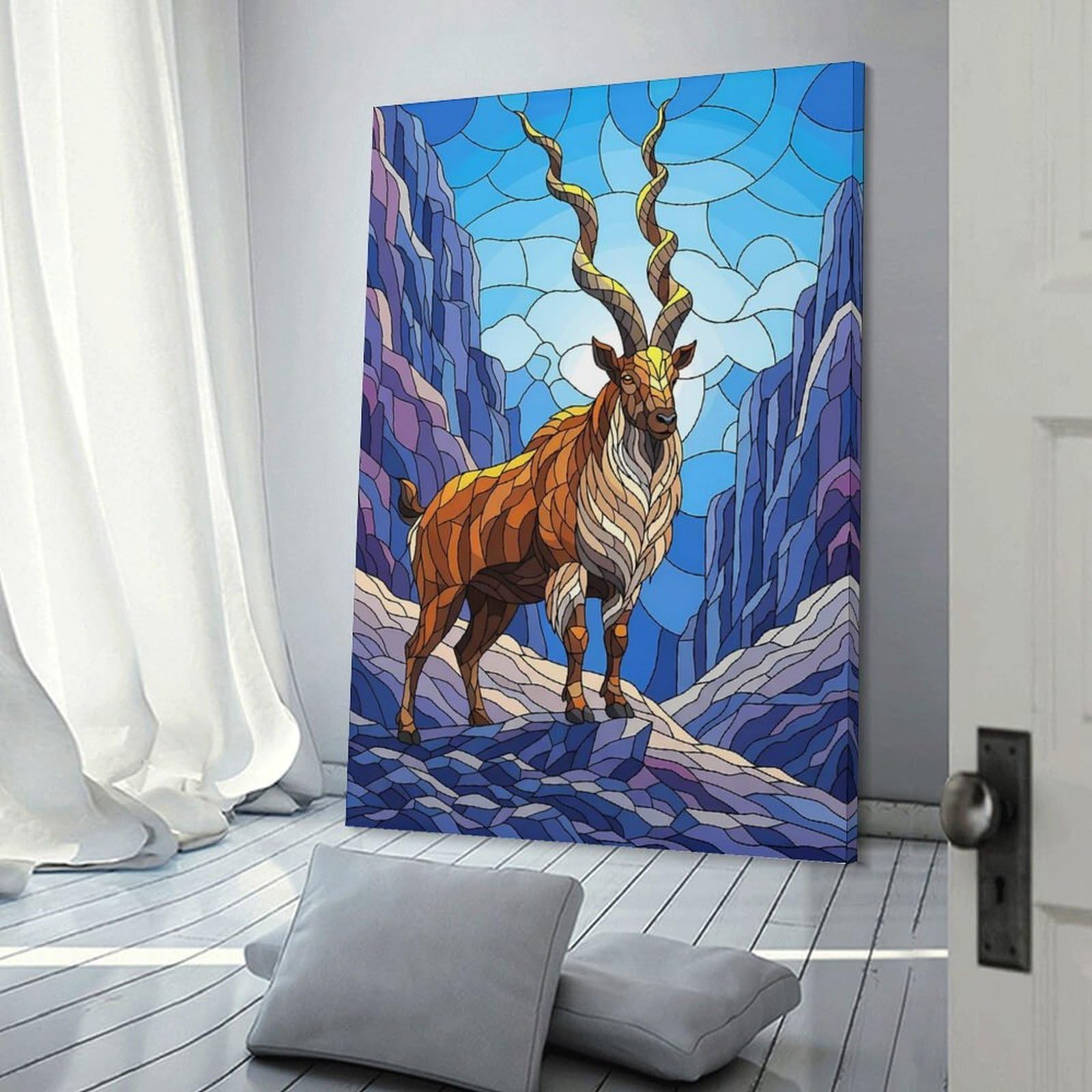 Junmoney Frame-Style-23 Stained Glass Markhor In Mountains Canvas Wall Picture, 12X18inch(30X45cm), For Study, Office Or Focused Interiors, Home Office Artwork With Decorative Appeal
