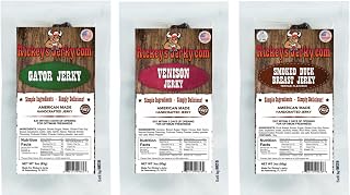 Rickey's Exotic Jerky, 3 packs Gator, 100% Made from solid cuts of Exotic Wild Game, All Natural Meat, High Protein snack, Keto Friendly, Gluten Free, Simple Ingredients, exotic wild game jerky meat snack for back to school, post workout, hiking, camping, golfing, fishing, snack time, hard to buy for person, Stocking Stuffer (Alligator, 3 pack)