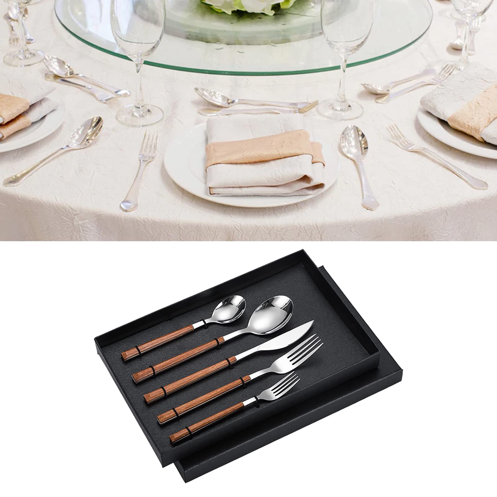 Flatware Set, 5 Piece Stainless Steel Flatware Cutlery Set Silverware Set Stainless Steel Heavy Duty Silverware Set for Home(Wood grain Clip Handle)