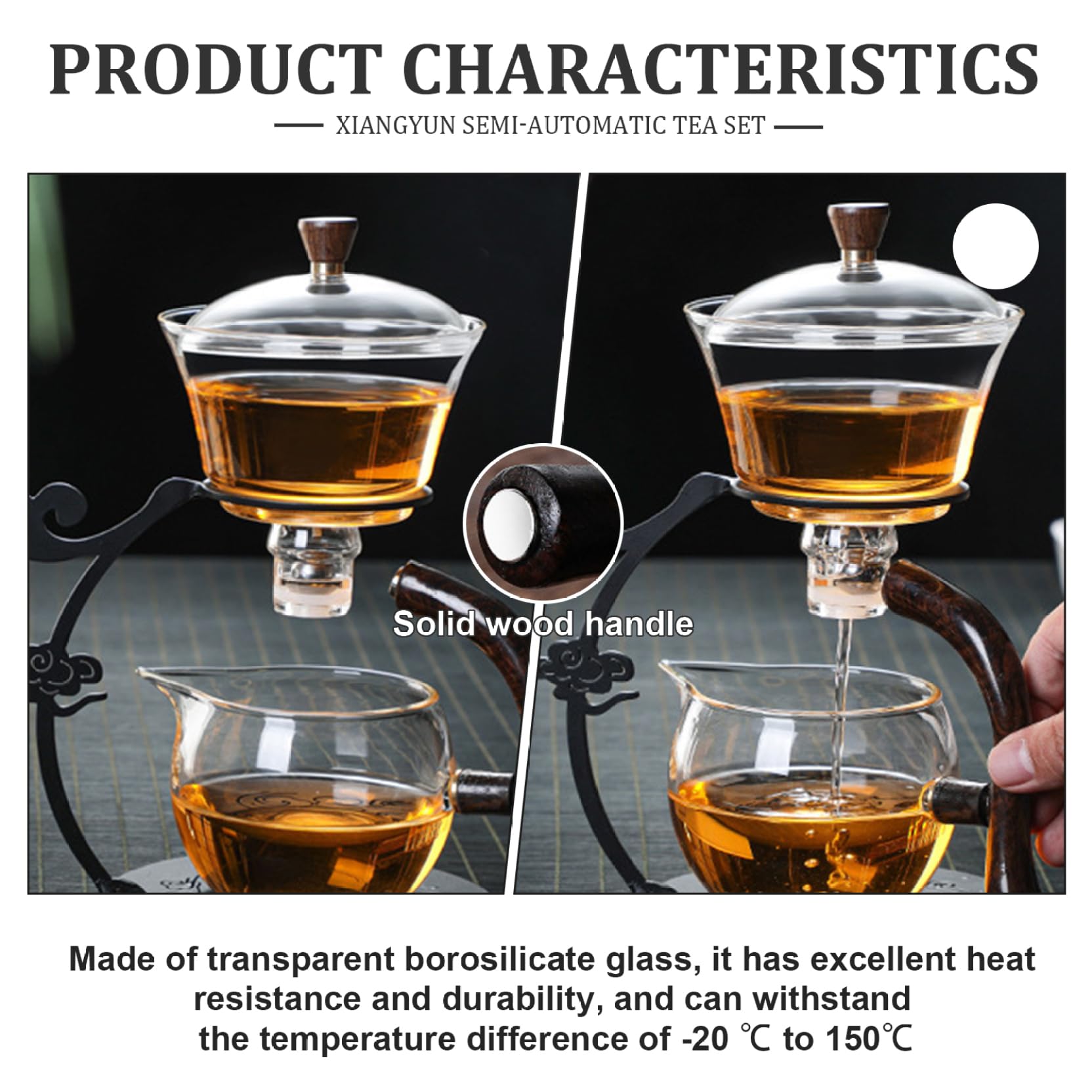 Tetera de vidrio semi automático, tetera magnética resistente al calor con filtro de acero inoxidable y mango anti-escaladrado, juego de té semiautomático de Kungfu.