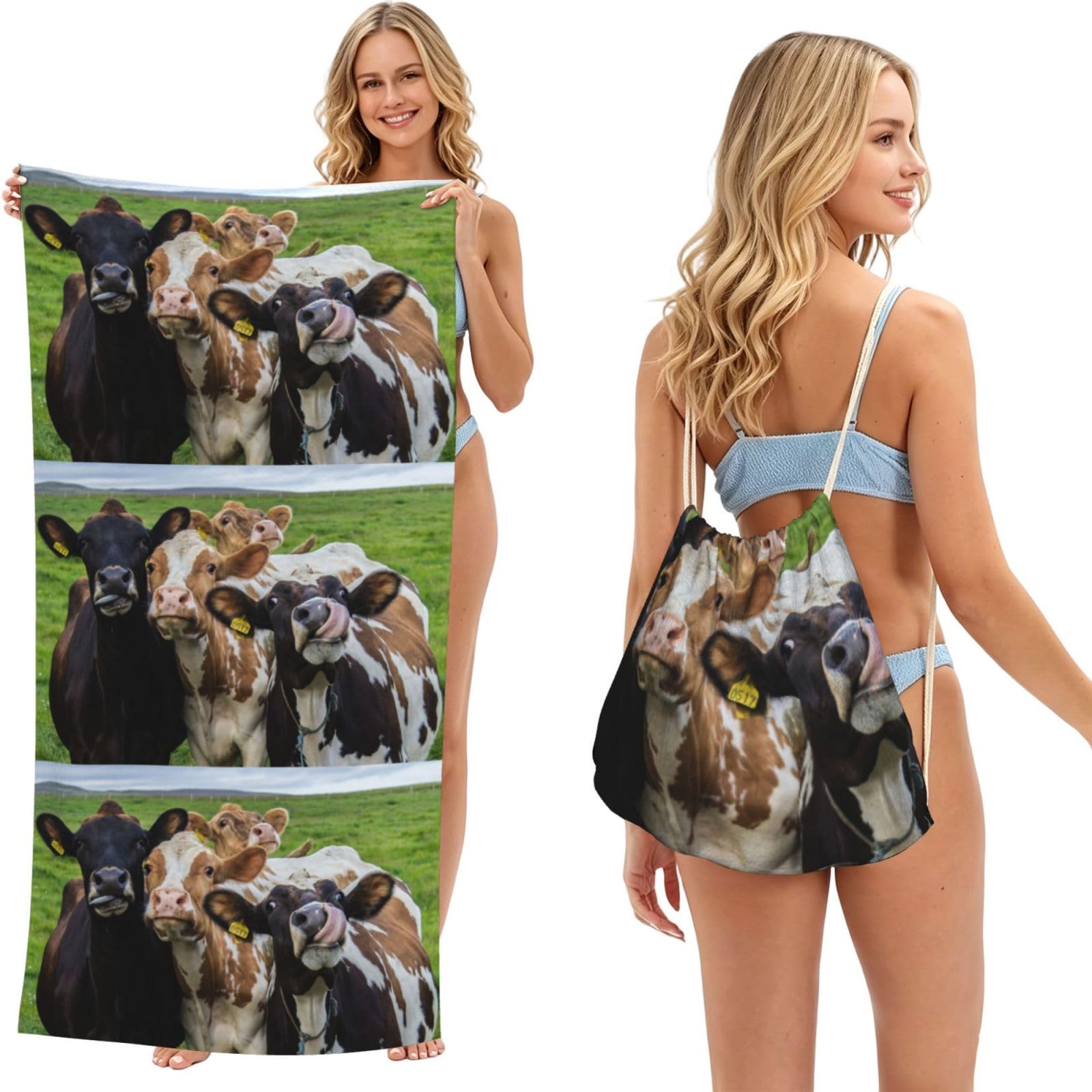 Poadnly As Picture Farm Animal Cow Cattle, 2 In 1 Packable Towel Bag, Beach Towels With Drawstring Backpack For Travel Holiday Camping