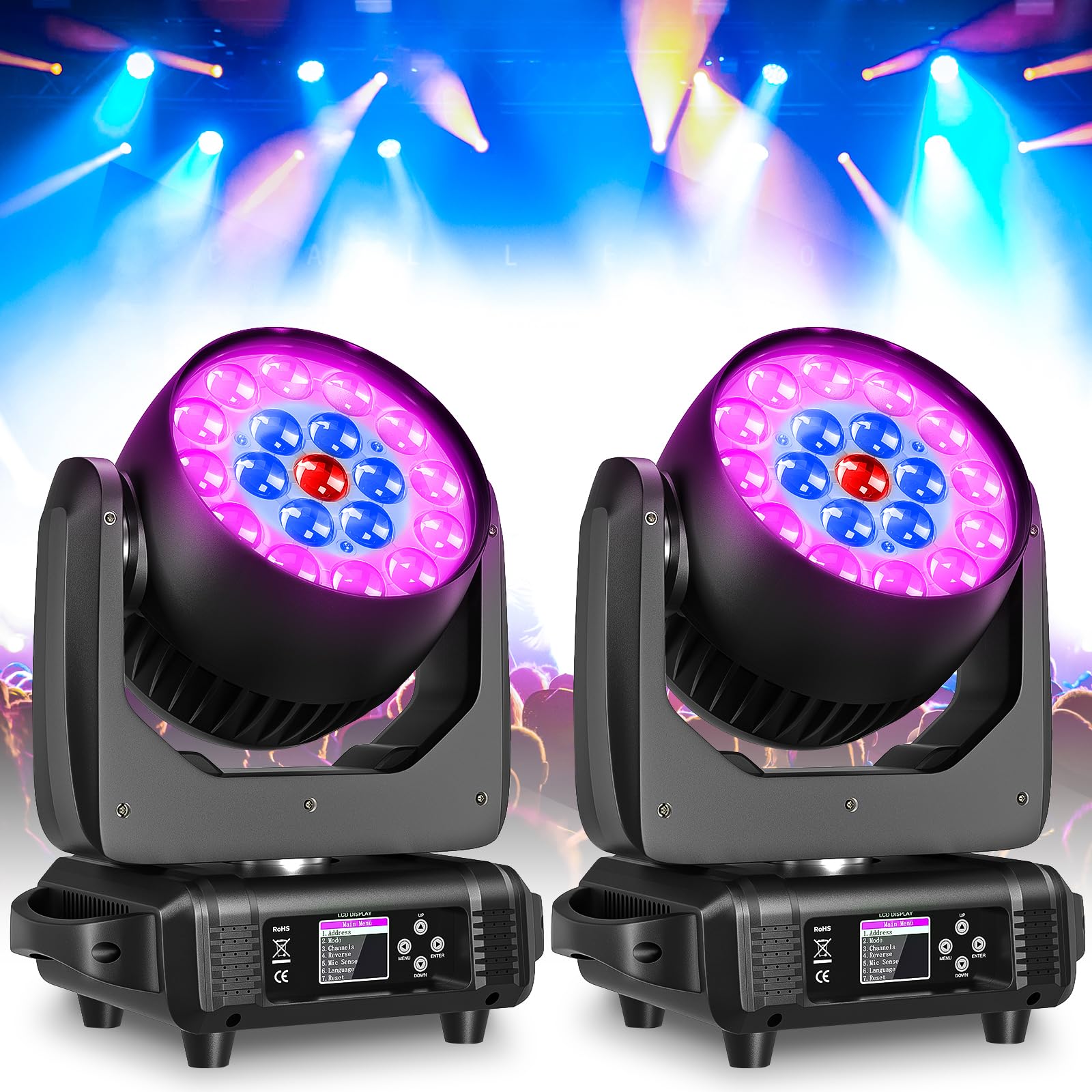2er Pack 19x15W Moving Head LED Zoom DMX Beam Wash Effekt RGBW Bühne Lichter Professionelle Fokussierung DJ Lichter für Weihnachten Disco Party und Nachtclub