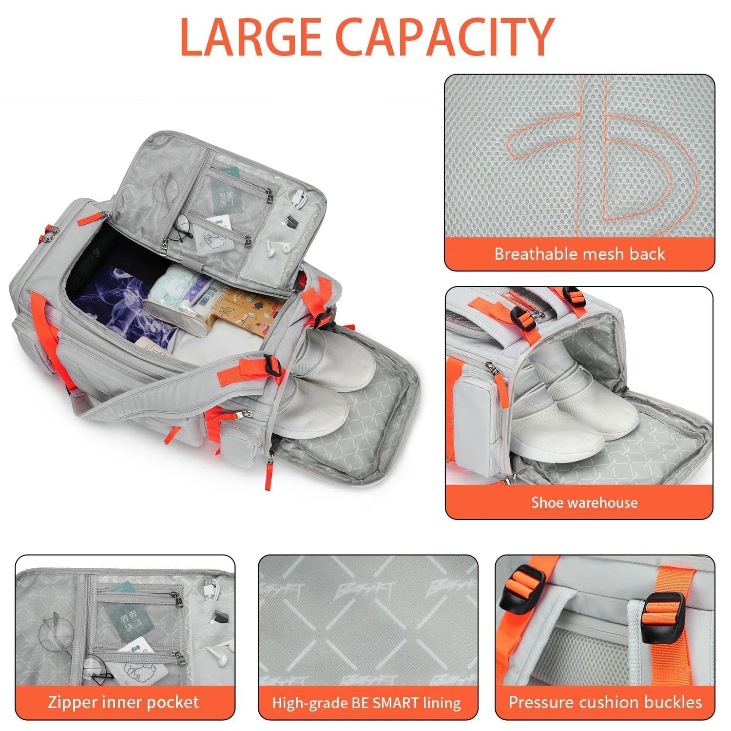 BE SMART 40L Extra Large Gym Backpack for Men, Big Gym Bag with Shoes Compartment, Waterproof Heavy Duty Duffel Bags, Men's Workout Backpacks for Outdoor Sport,Hiking,Camping,Travel