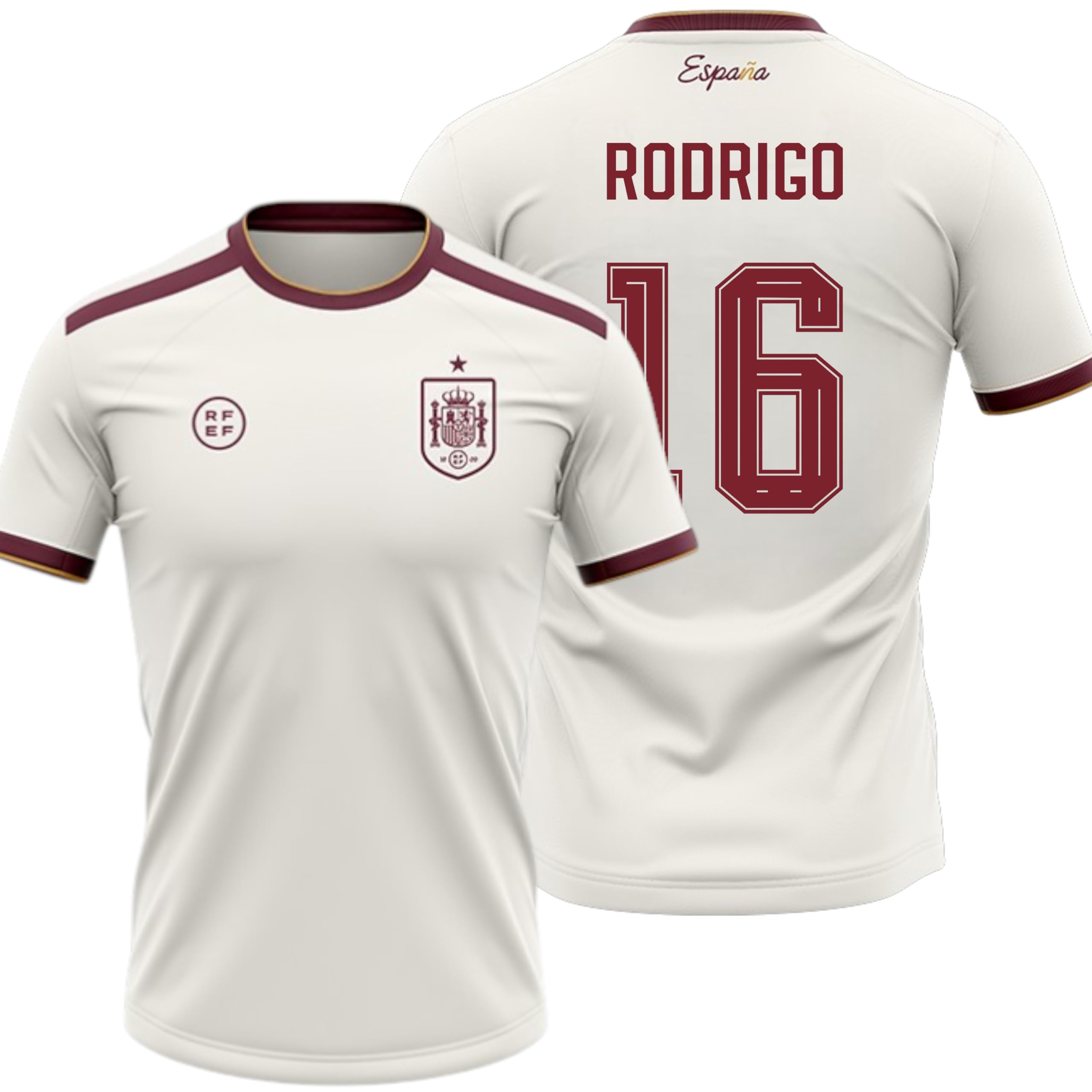 Camiseta España 2026-2028 | Rodrigo 16 Dorsal y Nombre | Color Blanco con Detalles Granate | Manga Corta | Diseño Futbol Aficionados | Tejido Transpirable Deportivo