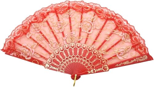 Miniatura 4 de TRENDBOX Flor Rose Lace Handheld Chinese Folding Fan Para Dancing Ball Party Ladies - Rosa Rosa