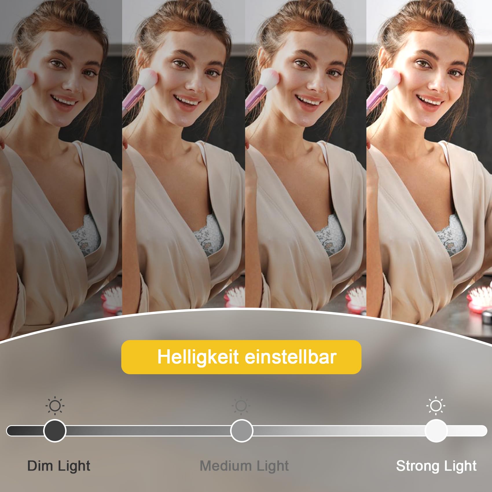 Hollywood Schminkspiegel mit Beleuchtung 60x49cm, Kosmetikspiegel mit 15 LED, 360° Drehbarer Schminktisch Spiegel mit Licht, 3 Lichtfarben, Dimmbarer, mit USB und 10x Lupe-Weiß