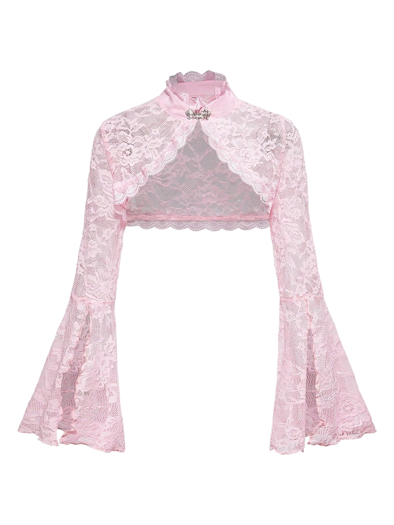 OYOANGLE Womens Floral Lace Mesh Bell Sleeve Shrug Open Front Stand Collar Goth Crop Tops