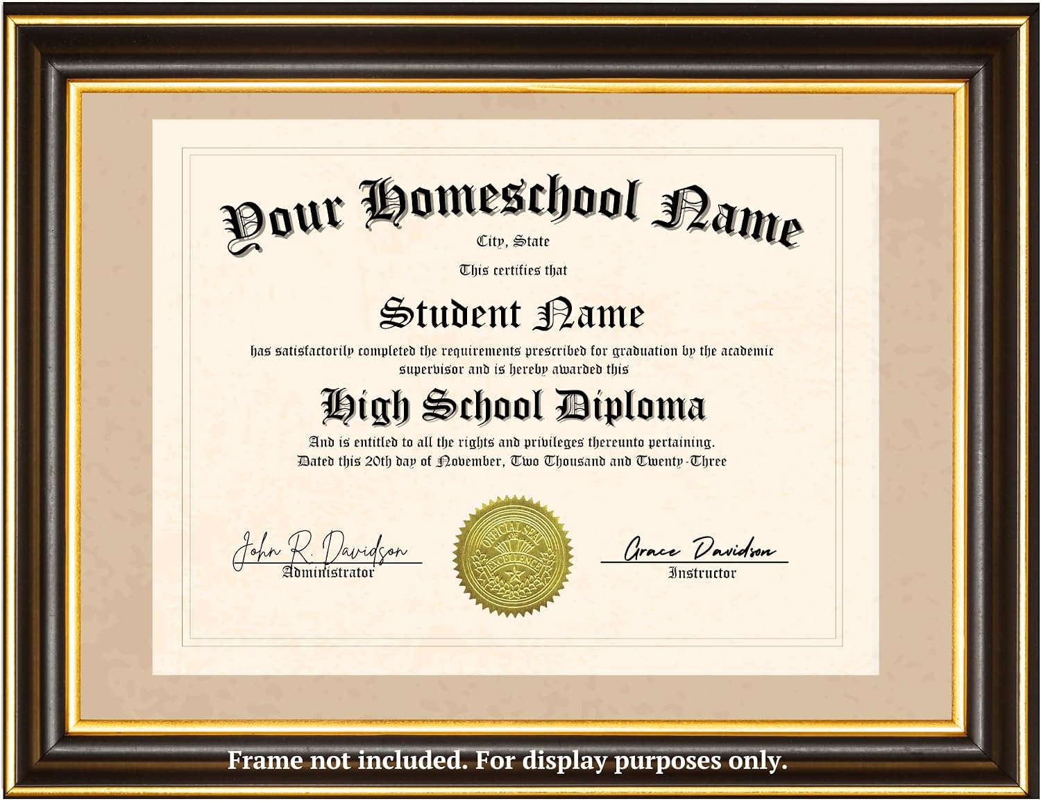 Custom Homeschool High School Diploma with Embossed Gold Foil Seal. Free Card and Keychain! Ships in Free Black & Gold Foil Diploma Holder. Two Signature Lines.