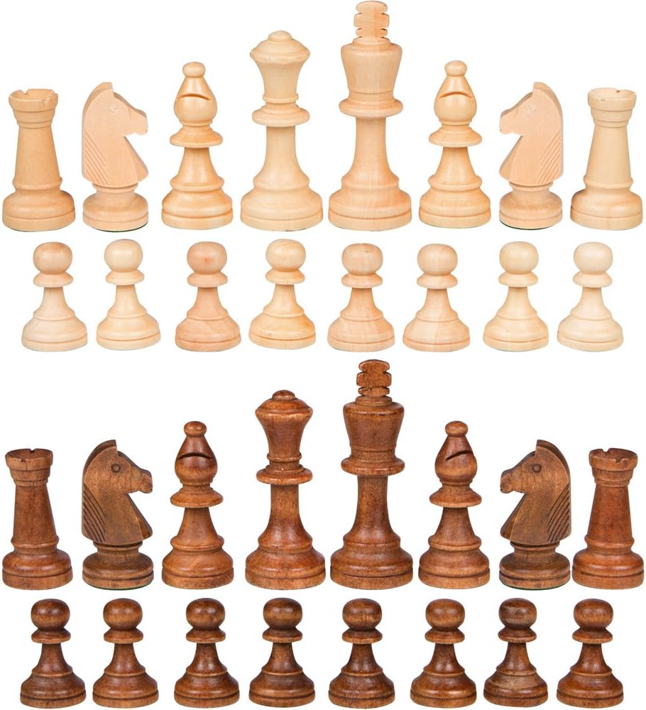 Complete set of light and dark Gugertree wood chess pieces arranged in rows.