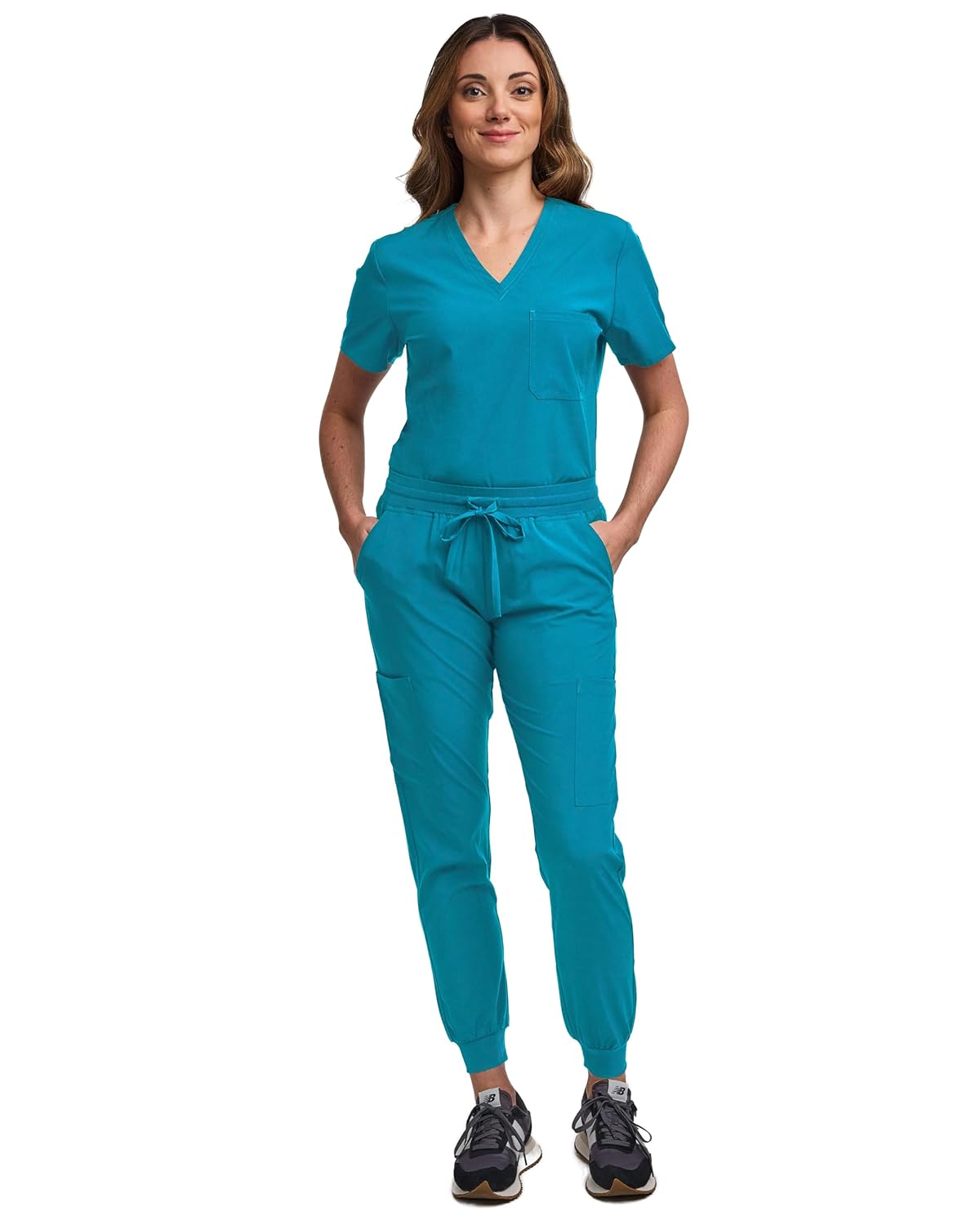 Green Town Scrubs for Women Scrub Set - Jogger Pant and Tuck-In V-Neck Top, 5 Pockets, Yoga Waistband, Nursing Uniform-Teal-Large