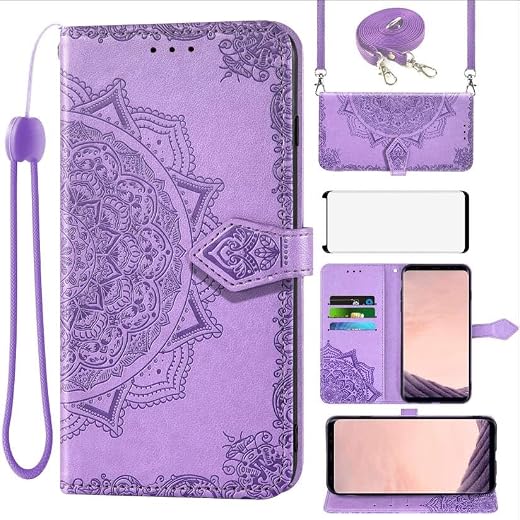 Asuwish Handyhülle für Samsung Galaxy S8 Plus Hülle mit Band und Glas Folie Schutzfolie Kartenfach Klappbar Leder Geldbörse Ständer S8+ 8S S 8 + S8plus Handy Hüllen Mandala Schutzhülle Phone Case Lila