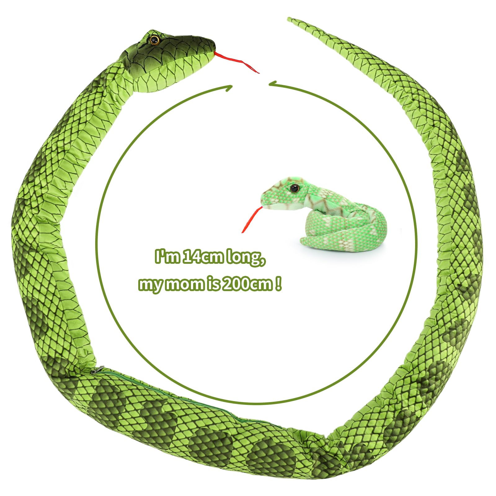MorisMos Giant Snake Teddy Stuffed Animal, 200cm Green Mom Snake Plush with kawaii Baby Inside, Cuddly Big Soft Toy Large Fluffy Gift for Kids Birthday Valentines Deco — view 6