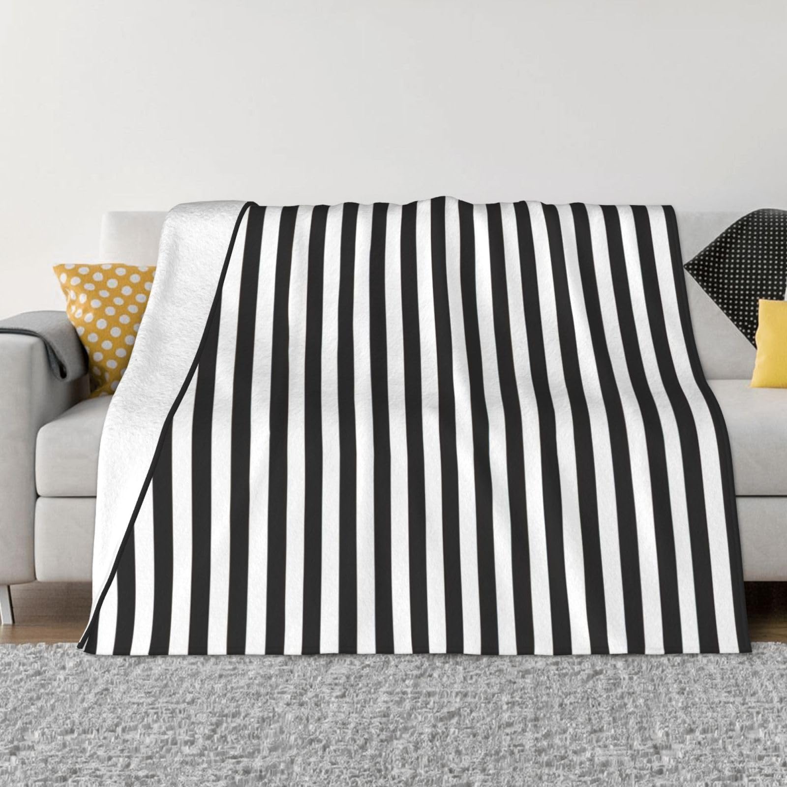 Couverture en flanelle à rayures noires et blanches pour lit et canapé