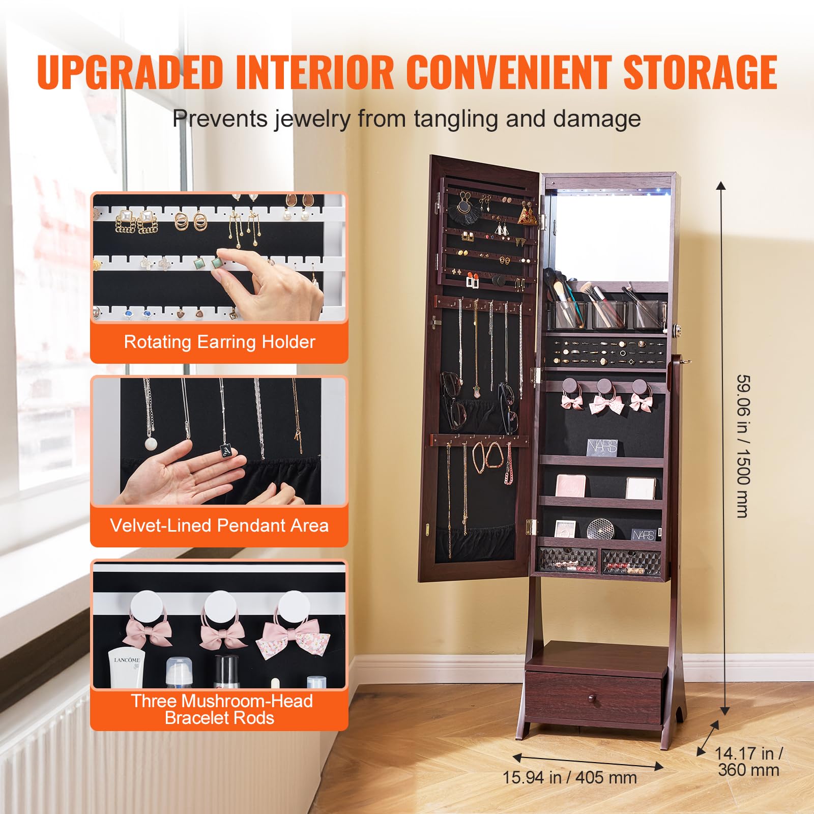 VEVOR Armario para Joyas de 41 x 36 x 157 cm con Espejo, Organizador de Espejos de Joyas con Cerradura y Espejo de Cuerpo Entero, Forro de Terciopelo, Luz LED, Cajón para Joyas, valores, Marrón