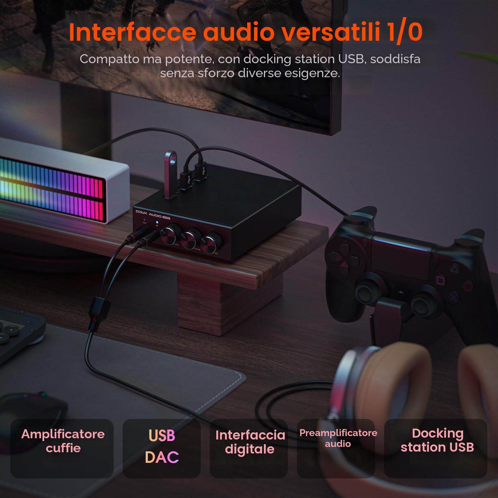 Mini Stereo Gaming DAC con ingresso microfono: amplificatore per cuffie, convertitore USB/ottico D/A, 32 bit/192 kHz audio ad alta risoluzione per PC, PS4, Xbox, Switch (Douk Audio Q2Pro)