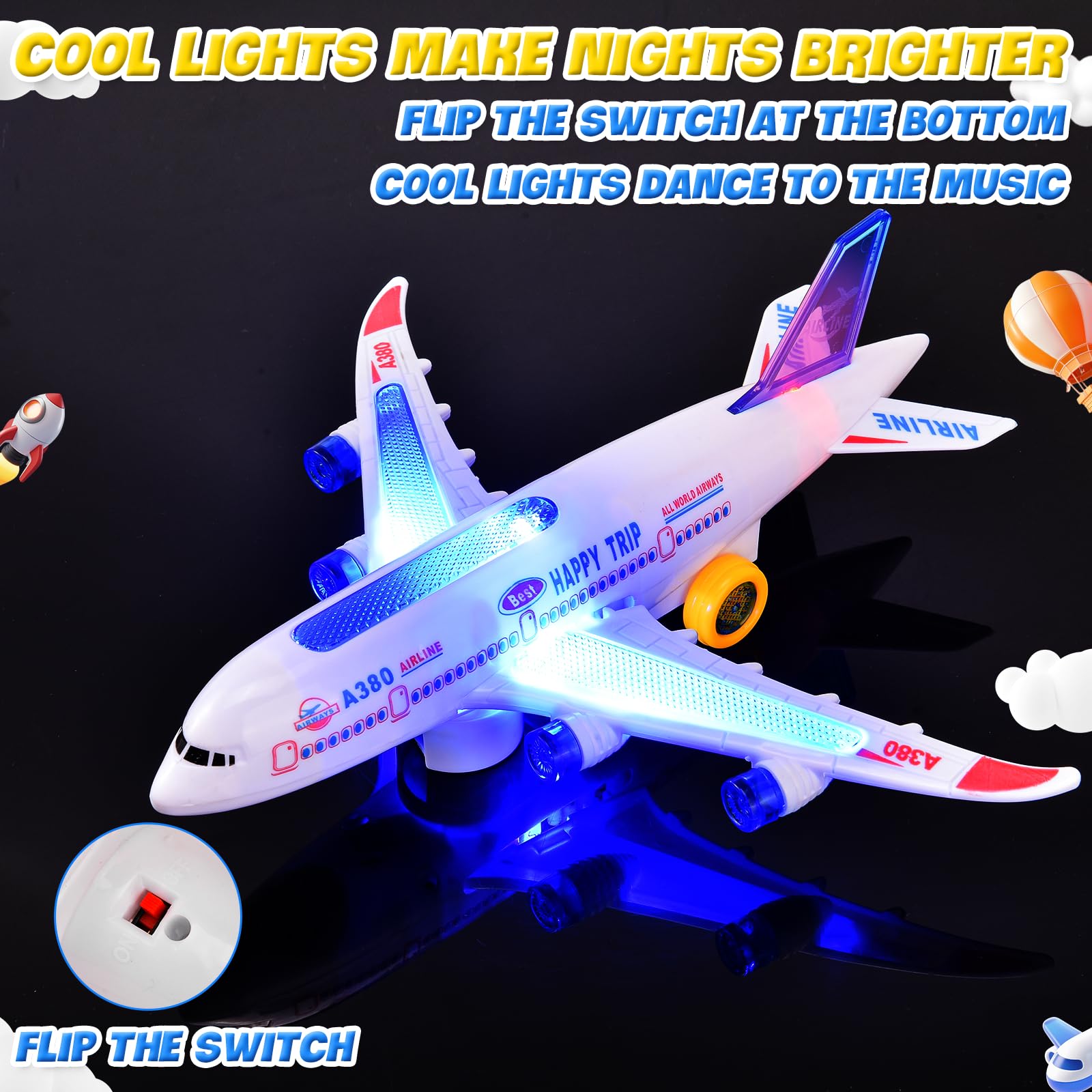 Avion Jouet LED Avec Sons, Décollage Réel, Bump And Go – Dès 3 Ans – 30 Cm