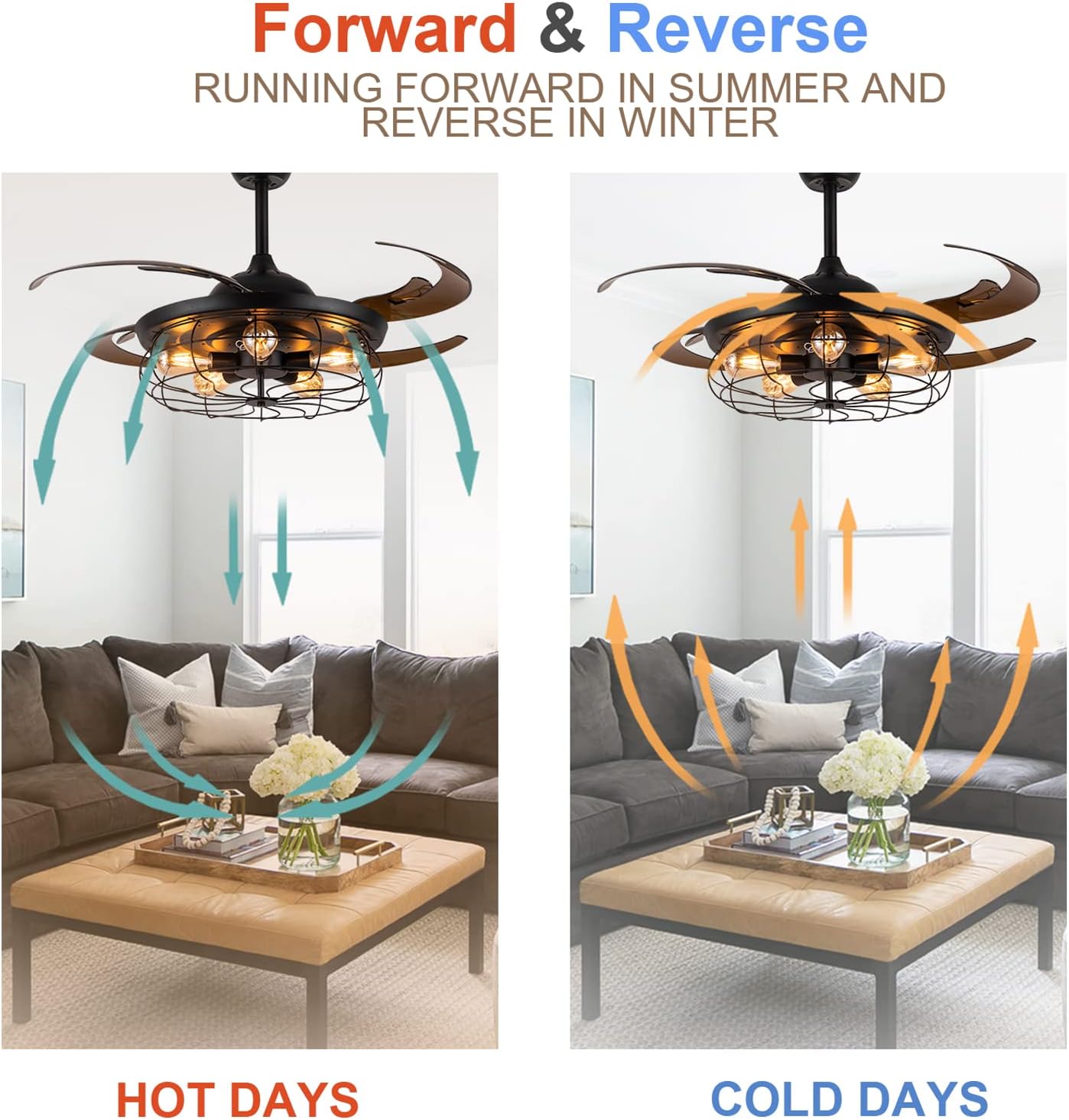 Crаzу Dеаlѕ APBEAMLighting Industrial Ceiling Fan with Light Retractable Vintage Fan Fandelier Black Caged Ceiling Fan Chandelier with Remote Control Reverse Blades for Farmhouse Living Dining Room 48 Inches