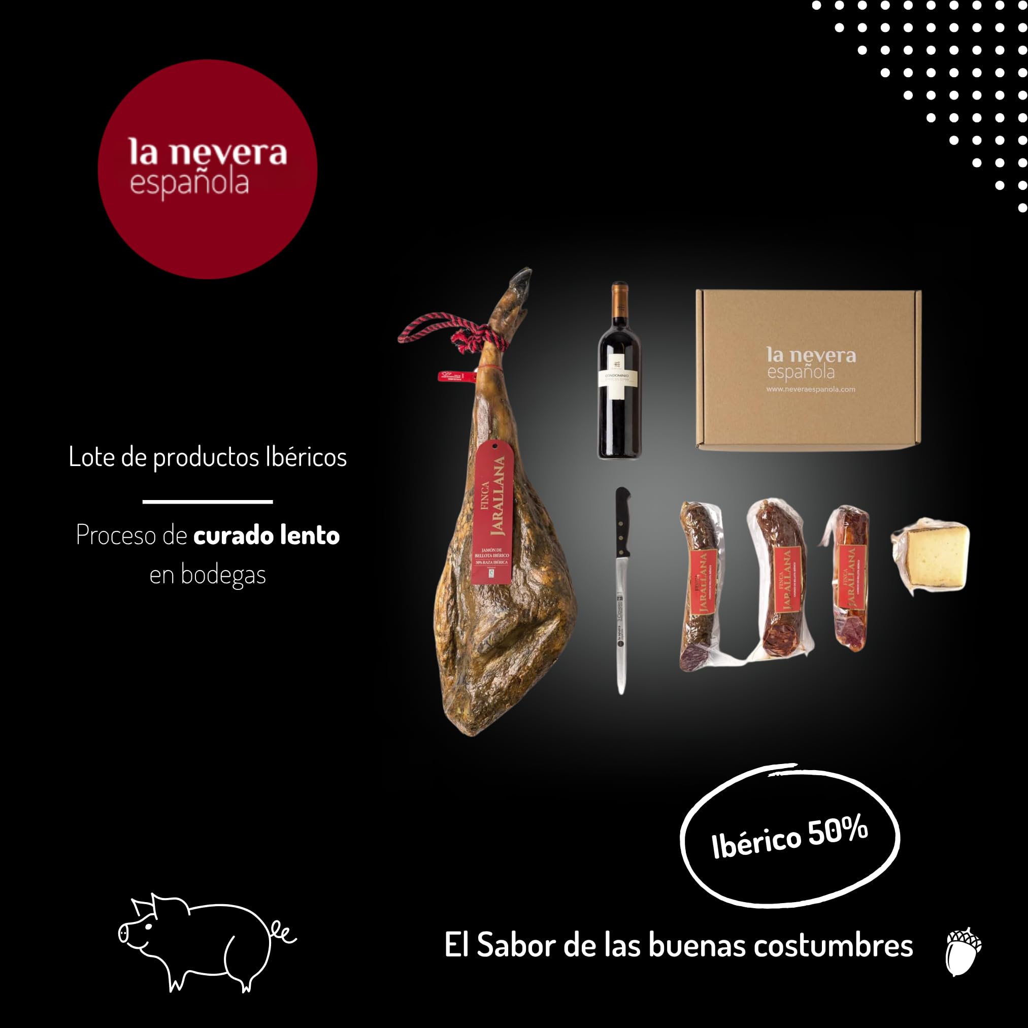 La Nevera Española - Lote Ibérico de Bellota con Jamón, Lomo, Salchichón, Chorizo y Queso de Oveja - Con Botella Ribera del Duero - Delantal de Regalo