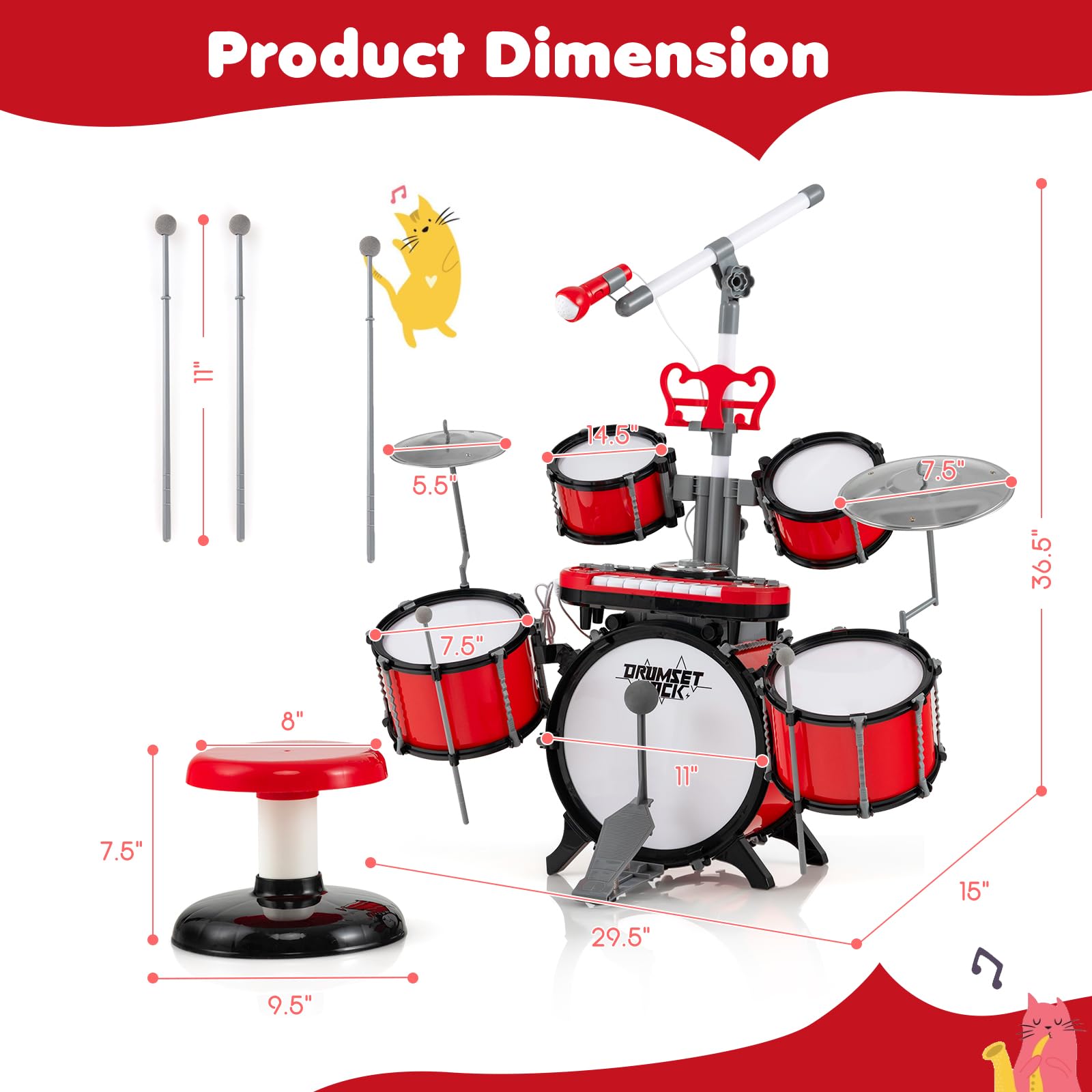 KOMFOTTEU Batterie de Jazz pour Enfant de 3 Ans+, avec Microphone, Ensemble de Batterie avec Tabouret, 5 Tambours, 2 Baguettes, 8 Touches, Connecteur MP3, Instrument Musique pour Enfant