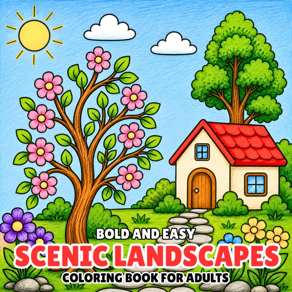 Bold and Easy Scenic Landscapes Coloring Book for Adults: Simple Nature Views, Mountains, Lakes, Forests and Countryside Scenes for Relaxation and Stress Relief