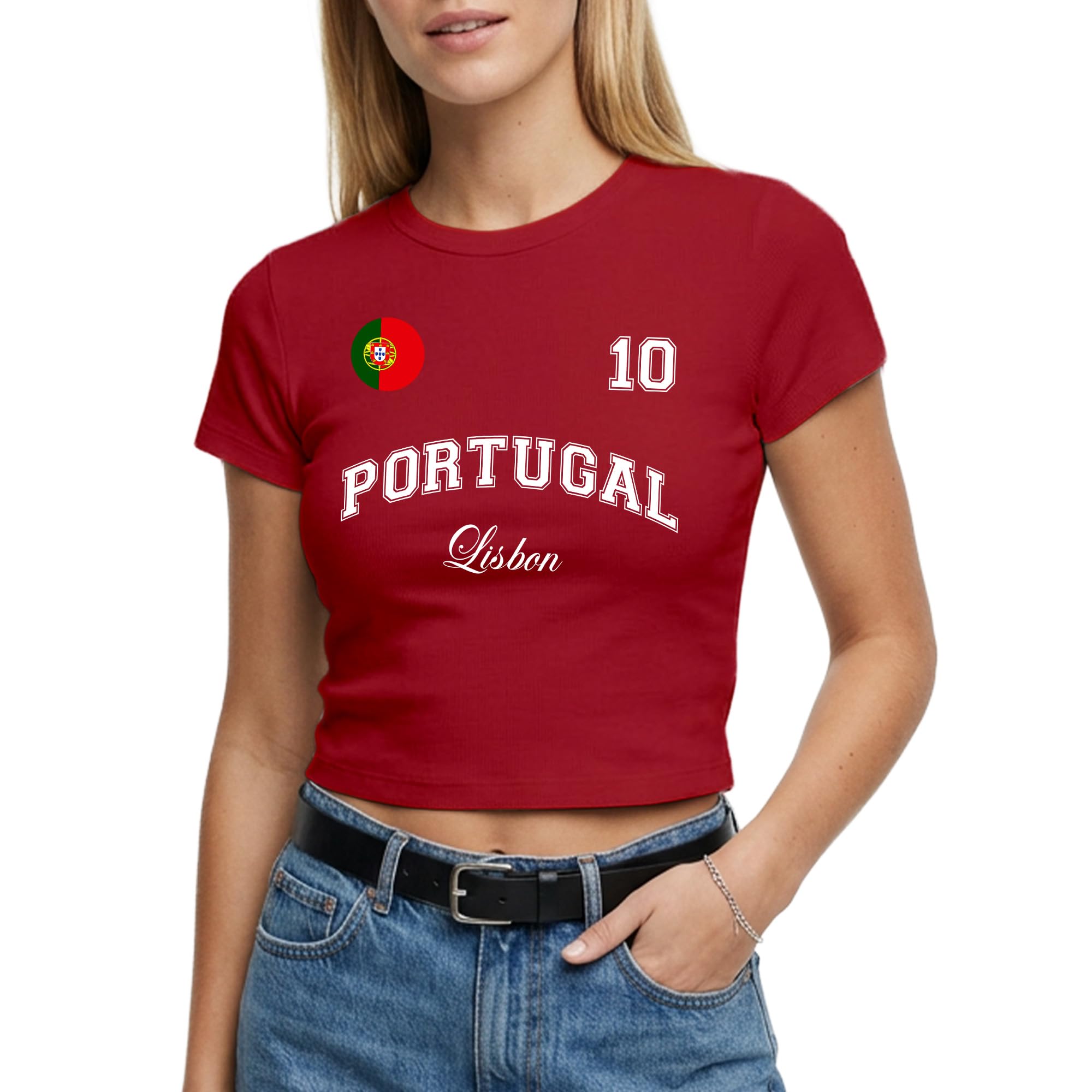 Portugal Womens Baby Tee - Portuguese City Name Number Badge Short Top Football Tshirt Fan Gift, S, Red