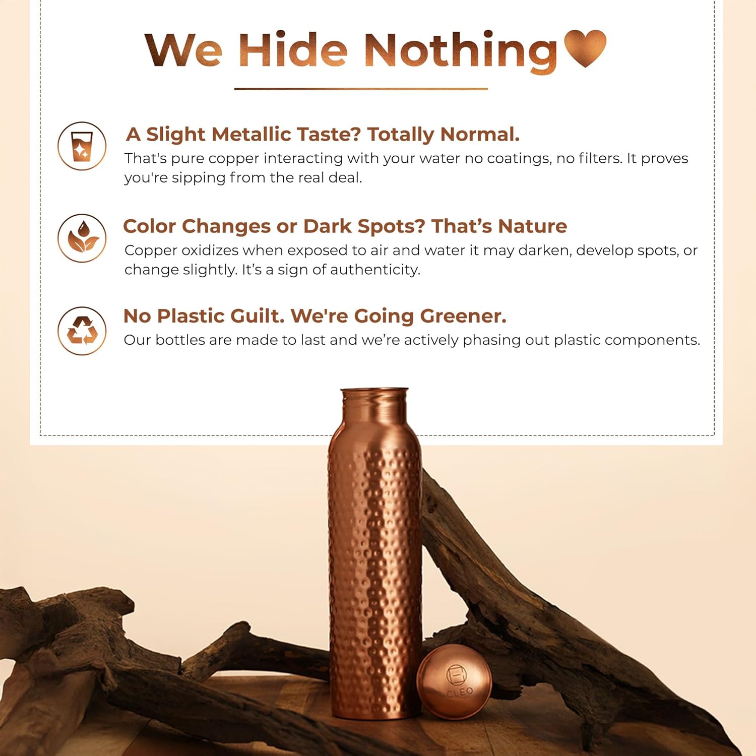 CLEO HOME 100% Pure Copper Water Bottle for Drinking, 32 Oz Hammered Ayurvedic Copper Bottle for Drinking Water | Leak-Proof & Eco-Friendly | For Yoga, Office, Travel with Canvas Carry Bag & Brush - Image 4