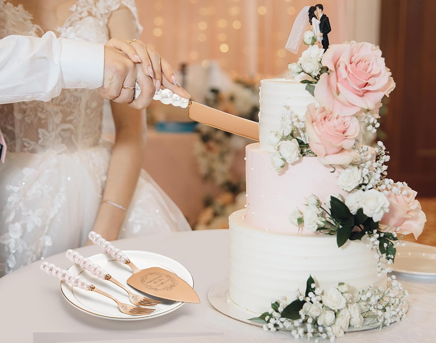 Wedding Cake Cutting Set, Rose Gold Ceramic Pearl Handle