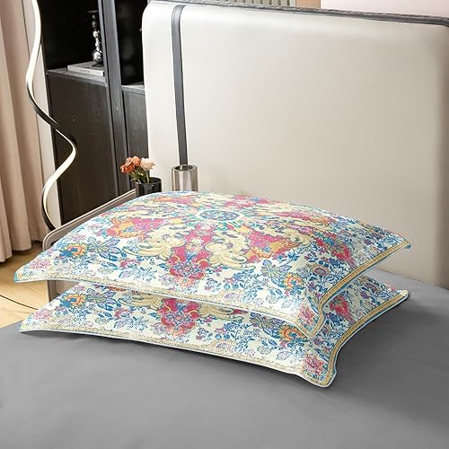 Miniatura 5 de Juego de funda de edredón floral étnica 100% algodón orgánico, tamaño Queen, bohemio, vintage, rosa, azul, retro, bohemio, exótico, funda de edredón