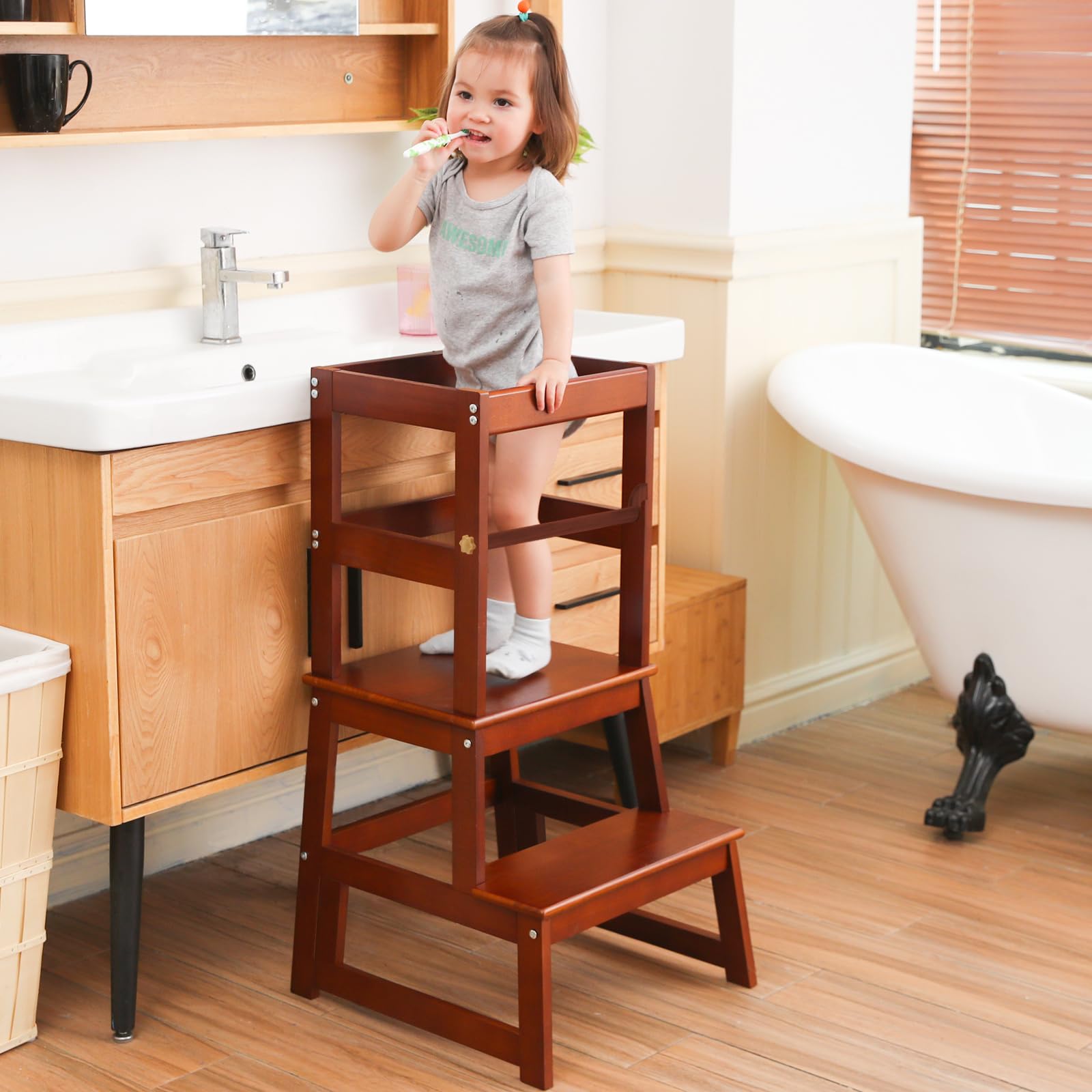 Kids Kitchen Step Stool for Kids with Safety Rail,Solid Wood Construction Toddler Learning Stool, Montessori Toddlers Kitchen Stool Tower (Walnut)