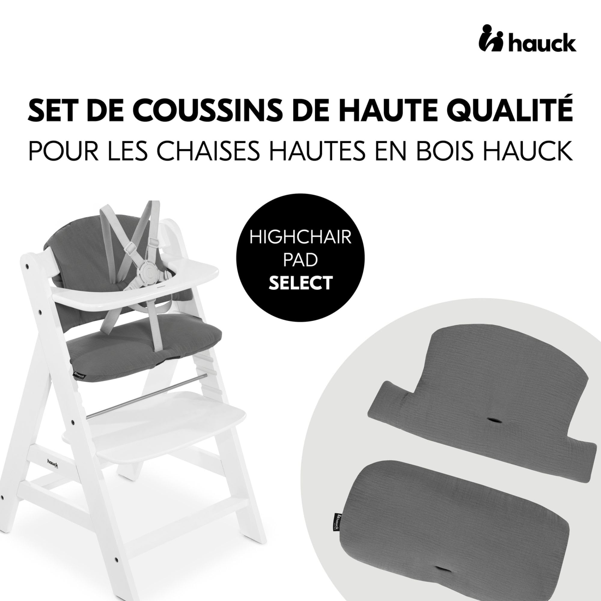 hauck Highchair Pad Select, ciemnoszary muślin - poduszka dla dzieci w wieku 6-36 miesięcy - Akcesoria, kompatybilna z krzesełkiem dla niemowląt Alpha+, beta+ i Arketa - antypoślizgowa i miękka