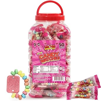 50 Candy Watches Party Favors for Kids - Bulk 50 Count of Pink Individually Wrapped Candy Bracelets with Colorful Fruit Flavor - Stretchable, Edible, Fruity Flavor Rainbow Candies for Party Favor Supplies