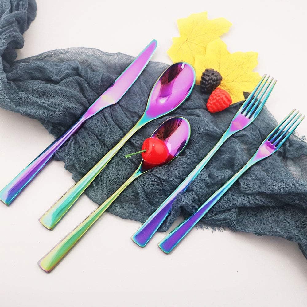 JASHII Silverware Set for 6, 30-Piece Stainless Steel Flatware Cutlery Set, Includes Knives, Forks, Spoons, Modern Design & Mirror Polished - Dishwasher Safe (Rainbow)