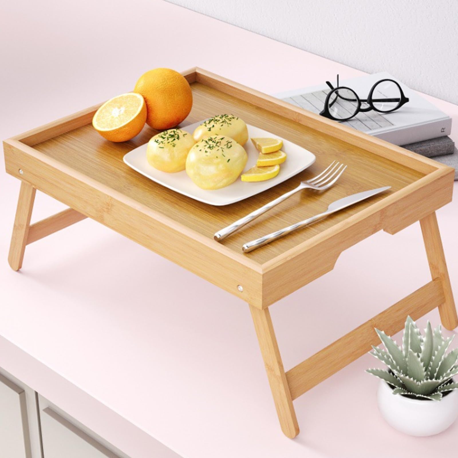 Vassoio da letto in bambù con gambe pieghevoli, vassoio da portata per colazione a letto, vassoio per computer portatile, vassoio per snack per letto e divano, 40 x 30 x 19 cm