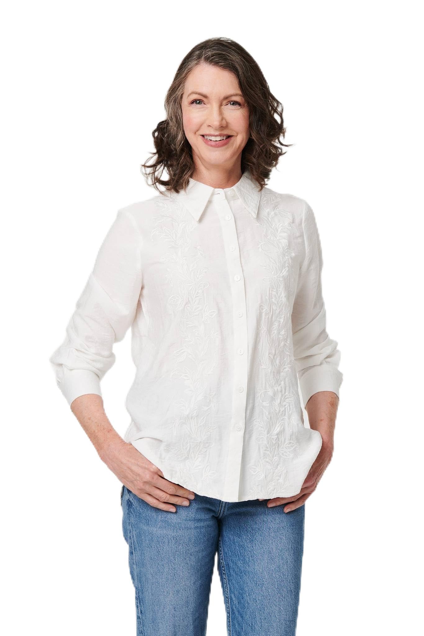 Izabel London Women's White Floral Embroidered Long Sleeve Shirt In Size 16