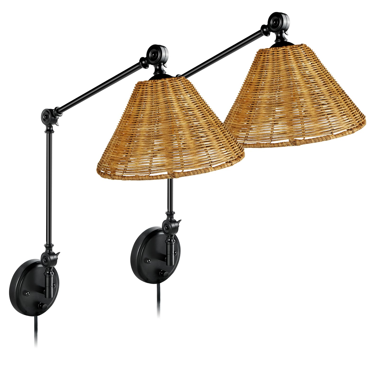 Black Hand Woven Rattan Wall Sconces Adjustable Swing Arm Wall Light for Bedroom Living Room Bedside ?Bulbs NOT Included, 2 Pack?