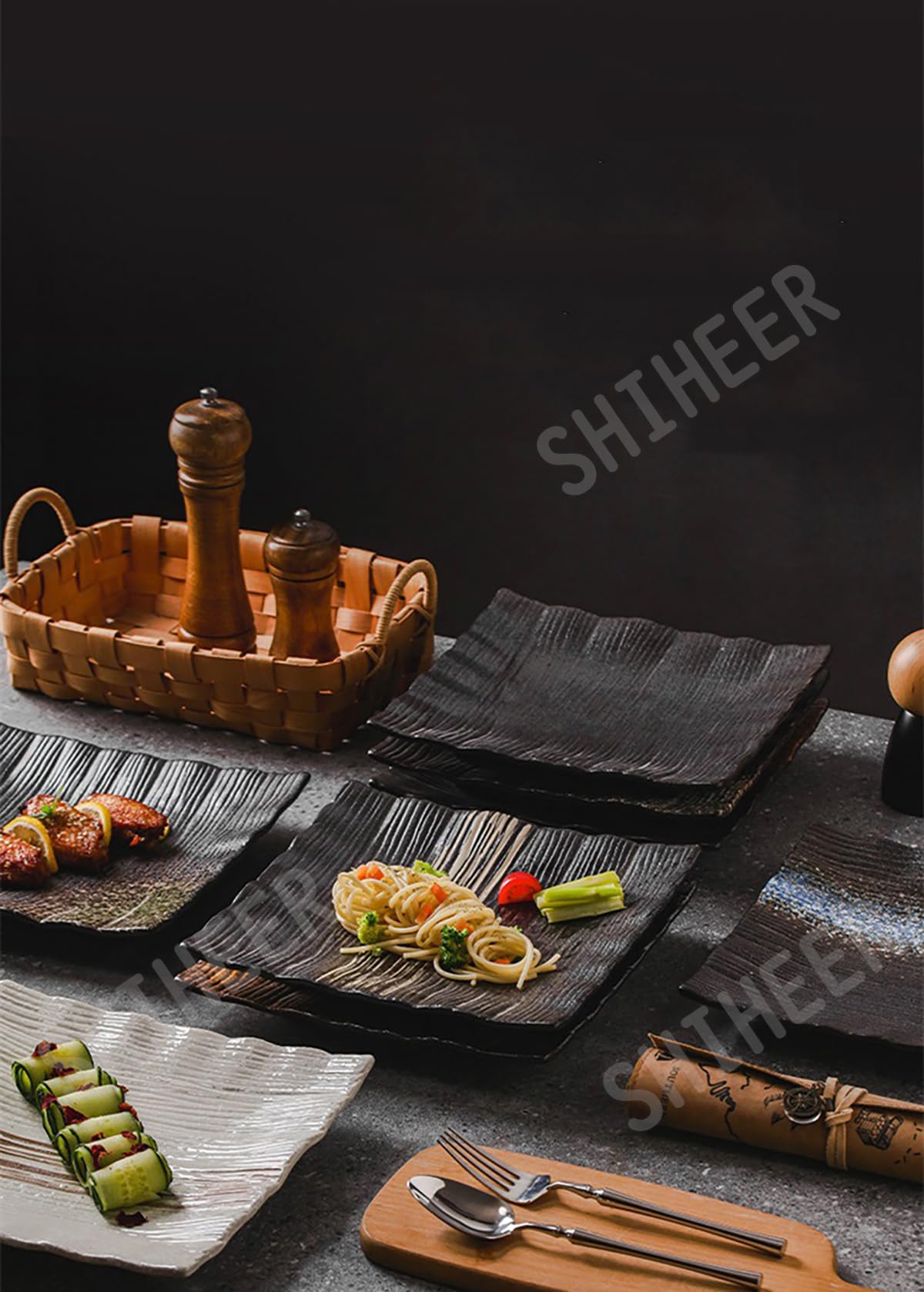 5点セット　角皿　正方形　うつわ　和食　日本料理　寿司　微湾曲天面　作家物　骨董 5点セット 角皿 正方形 うつわ 和食 日本料理 寿司 微湾曲天面 作家物