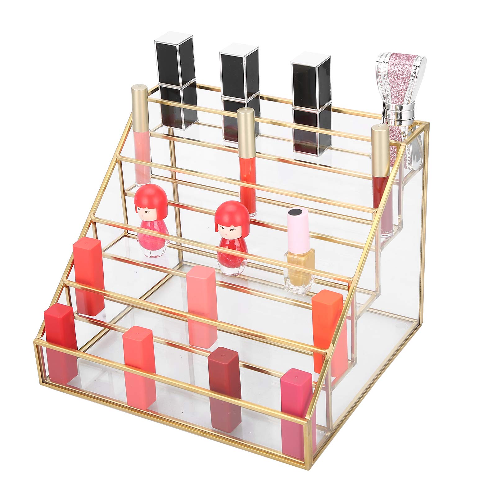 Brrnoo Porta Smalti Espositore Organizer Trucco Scaffale Trapezoidale 5 Ripiani Vetro Rame con Superficie Trasparente Lucida per Smalti Oli Essenziali Lucidalabbra Balsamo (Piccola)