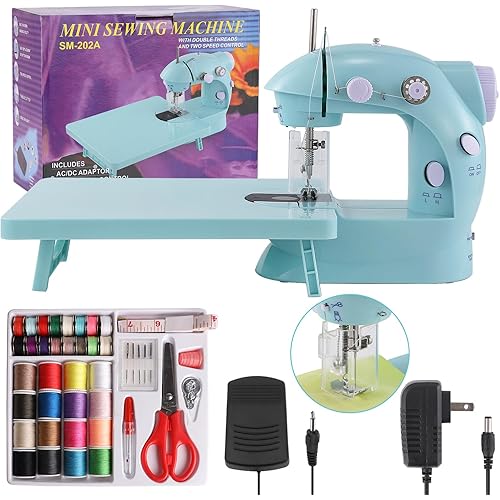 Sewing Machine for Beginners with Expansion Table Foot Pedal and 42Pcs Sewing kit Finger Guard & Light Mini Small Portable Sewing Machines 2-Thread 2-Speed 2-Switches for Kids Ages 8-12 Blue Set