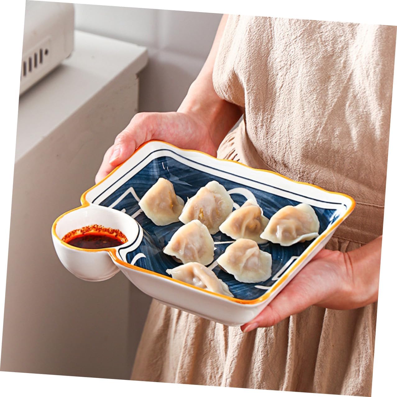 PRETYZOOM Ceramic Divider Sushi Plate and Dumpling Tray Set, 4pcs Colorful Square Serving Plates for Japanese Cuisine, Reusable Snack and Salad Dishware for Home Kitchen Random Color