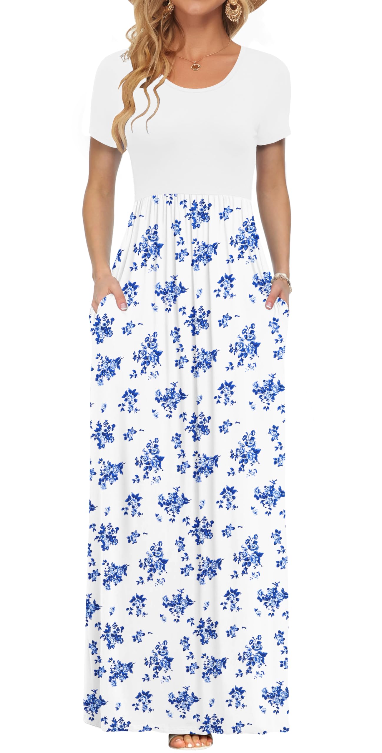 AUSELILY Damen Kurzarm Sommer Casual Long Maxi Kleider mit Taschen