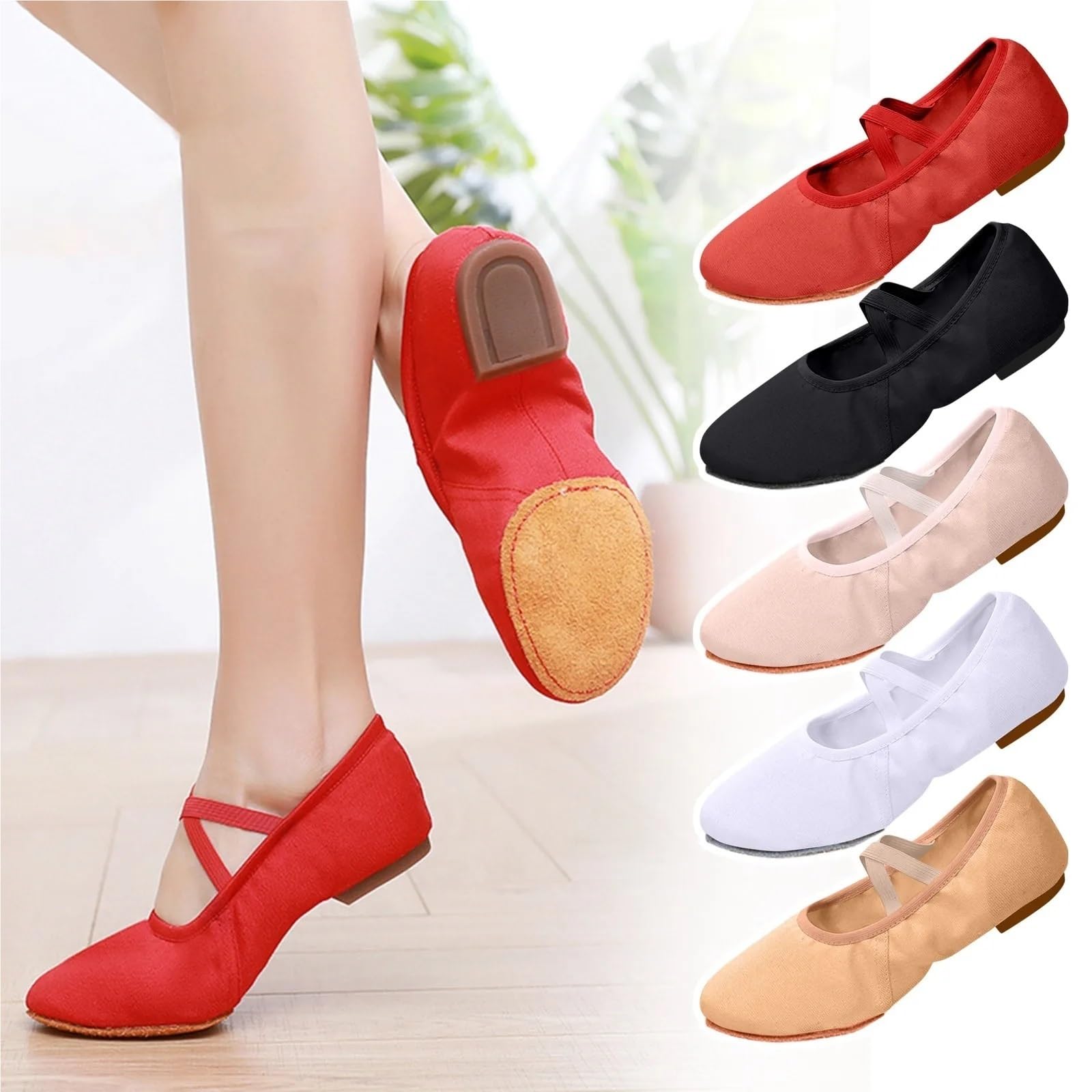 Zapatillas de ballet for mujer, zapatillas lona elástica, suela plana dividida, punta for baile
