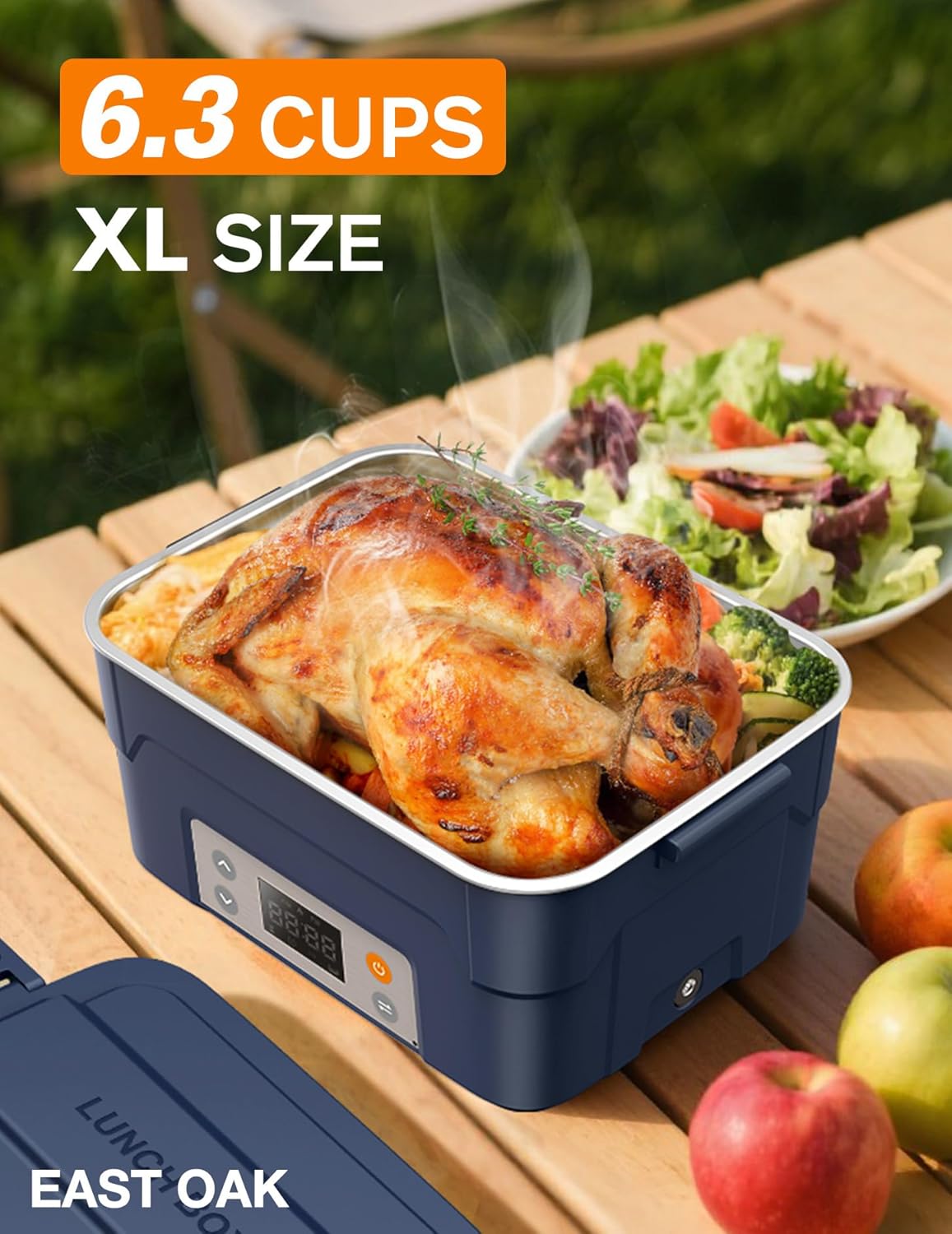 EAST OAK XL 6.3-Cup Cordless Electric Lunch Box for Adults, Heated Lunch Box for Men with Scheduled Heating, Portable Car Food Warmer with Utensils, Two-Tier Bag, Removable Divider