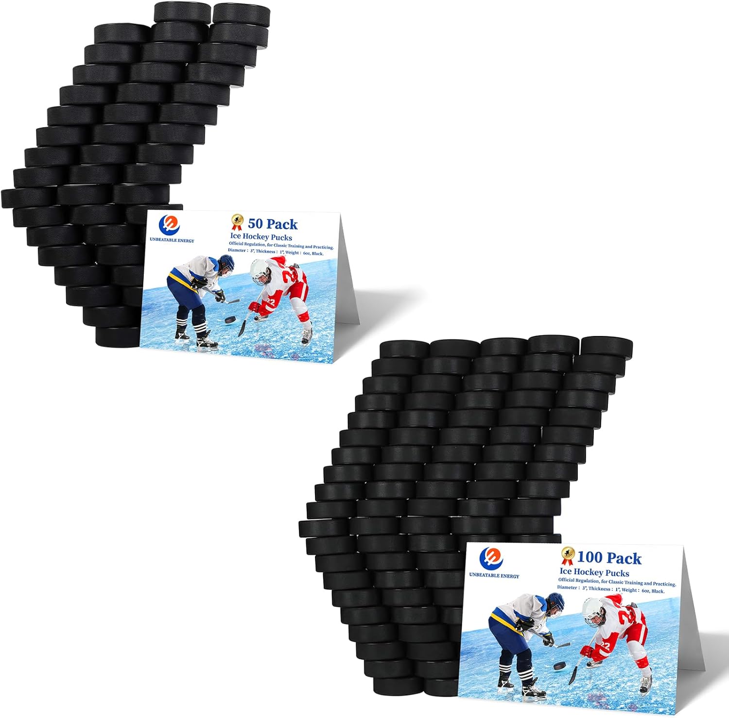 Hockey Pucks 50 Packs+ Hockey Pucks 100 Pack （with 1 Roll Hockey Tape） Official Hockey Pucks for Practicing and Classic Training, Ice Hockey Pucks Diameter 3", Thickness 1", 6oz, Black Hockey Pucks Bu
