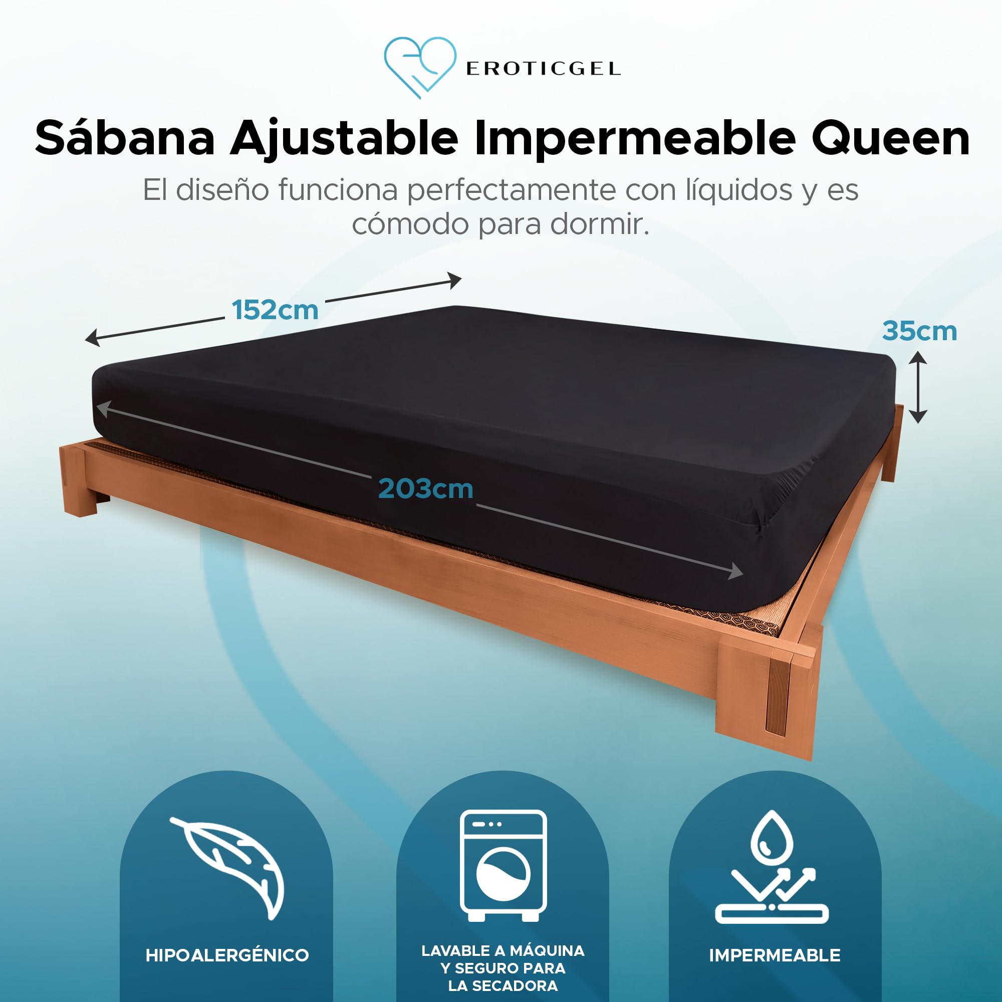 Protector de Colchón Impermeable Queen Ajustable, Canto 35cm, Negro