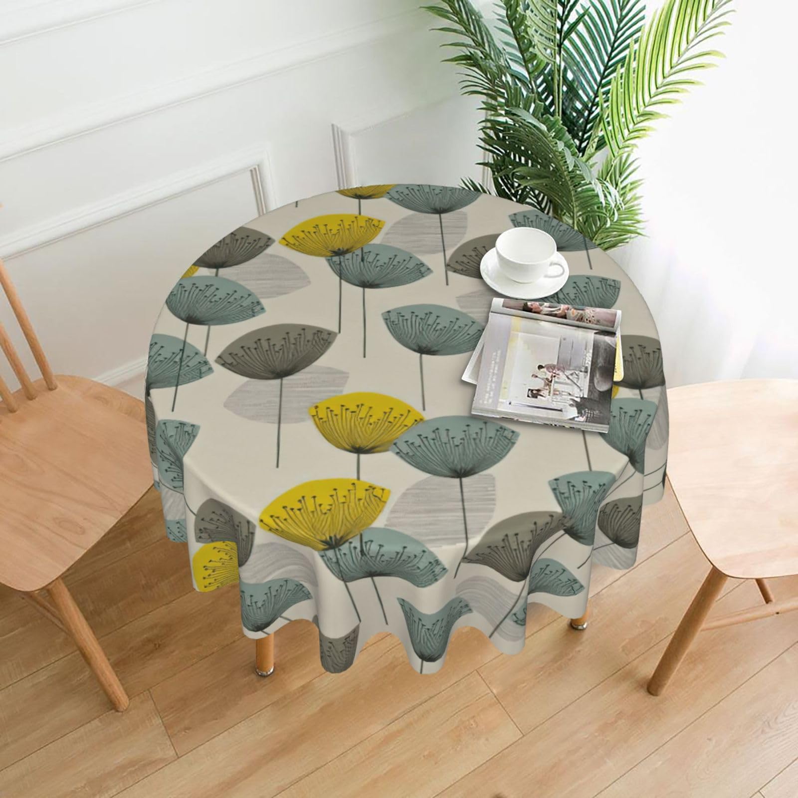 SDEGTHO Flower Print Modern Retro Round Tablecloth 60in Polyester Fabric Cover for Party Dining Table Washable