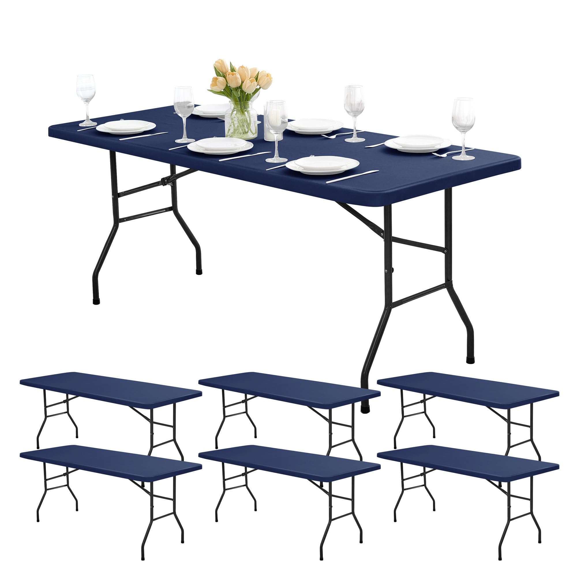 Photo 1 of RichSets 6ft Table Cover Fitted - 6 Pack Rectangle Tablecloths with Elastic Corner, Washable Folding Table Protector for Outdoor Picnic, Party, Banquet, Graduation, 30x72 Inch, Navy